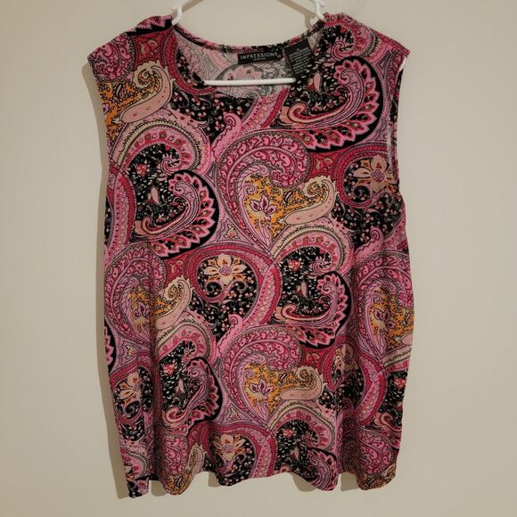 Y2K Impressions Top Size 1X Colorful Slinky Sleeveless Blouse Paisley Abstract - Picture 1 of 6